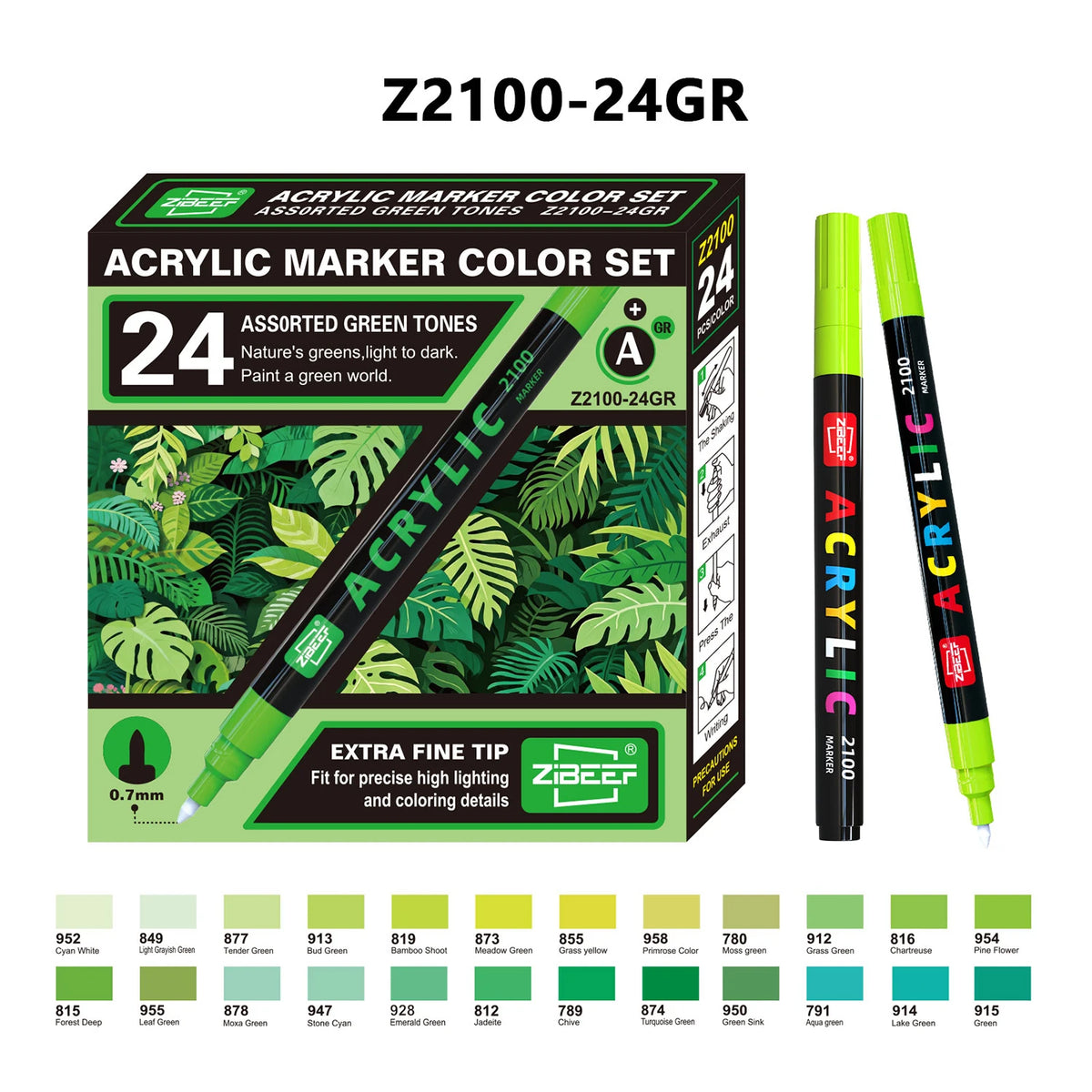 Box of Z2100-24GR acrylic marker color set featuring 24 assorted green tones and extra fine tips