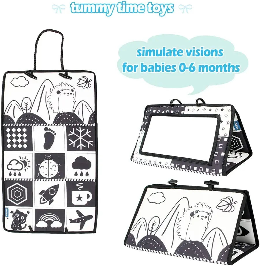 High-Contrast Tummy Time Baby Mirror with Crinkle Cloth Book and Teether