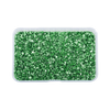 A clear plastic container filled with crushed green glass stones for resin and craft projects