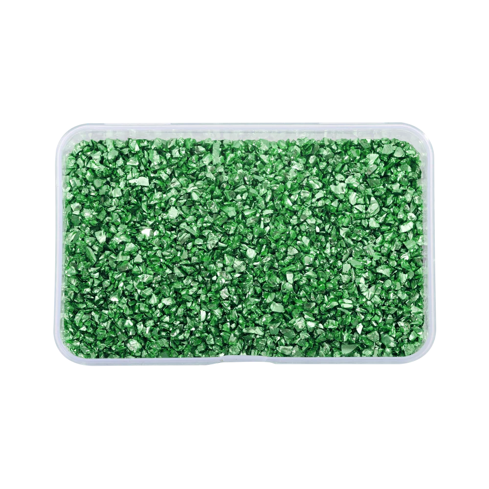 A clear plastic container filled with crushed green glass stones for resin and craft projects