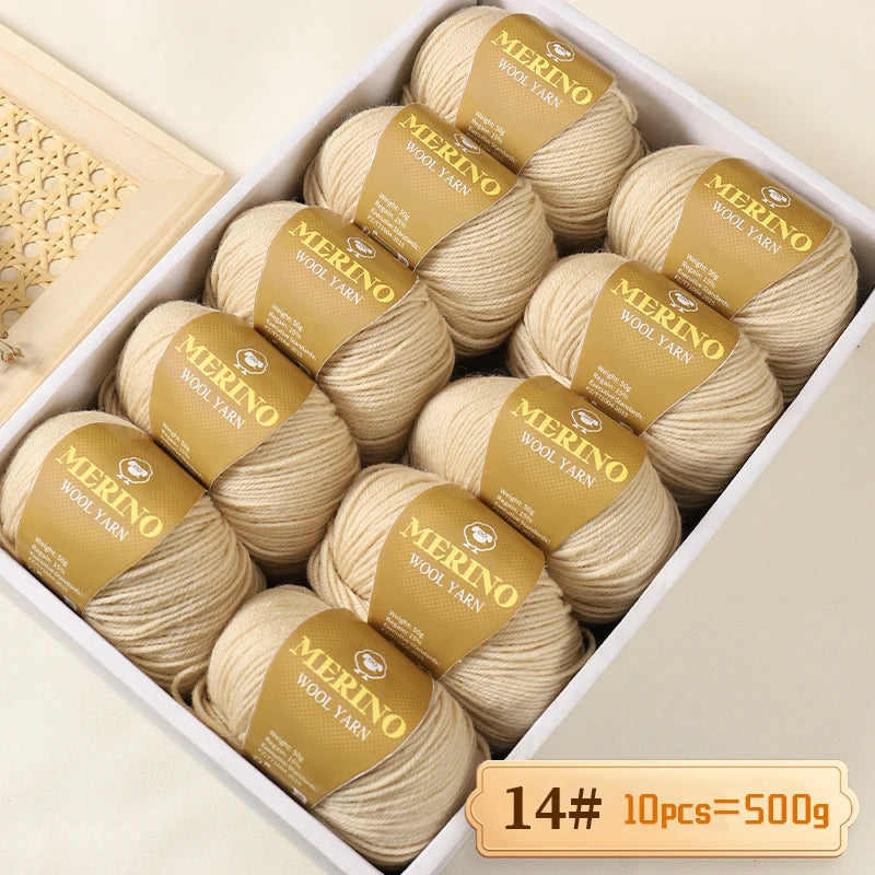 Box of 10 balls of Merino wool yarn labeled as 14# with a total weight of 500g