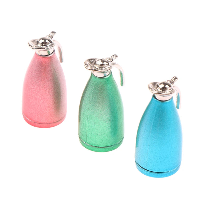 Miniature alloy kettle in pink, green, and blue colors for dollhouse kitchen decor