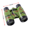 A green and camouflage-patterned toy camera set with accessories, showing its dimensions.