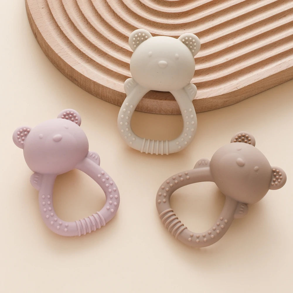 Bear-Shaped Silicone Baby Teether with Rattle Handle