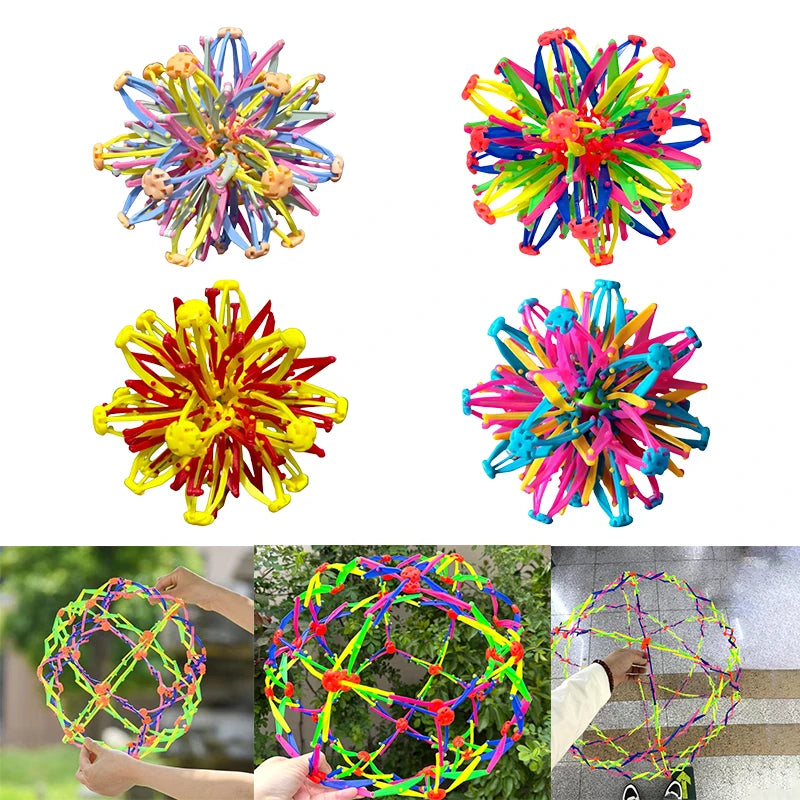 Colorful expandable magic ball toys shown in various forms and applications for stress relief and breathing exercises