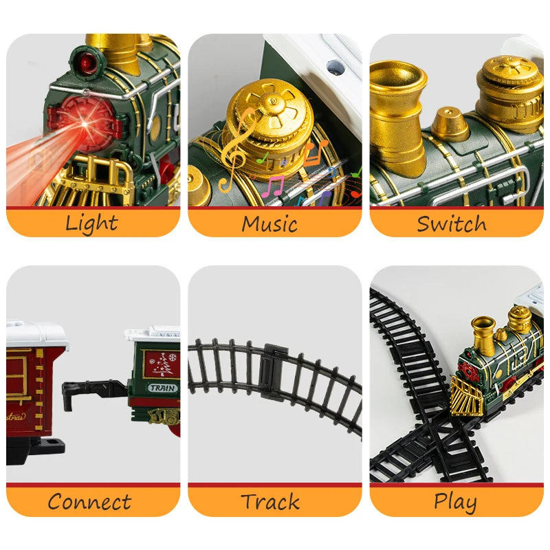 Musical Christmas train set featuring light, music, switch, connect, track, and play functions.