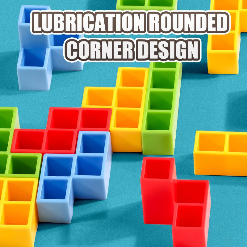 A colorful wooden block game featuring rounded corner designs in various colors like blue, red, yellow, and green.