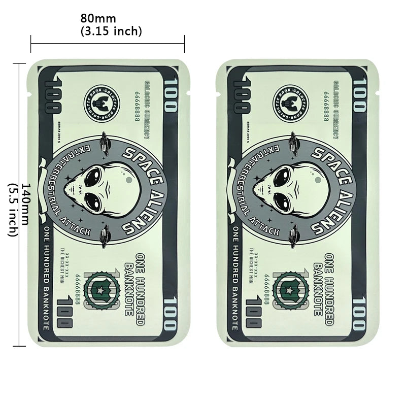 Two small, rectangular mylar bags featuring a space alien design and dollar sign pattern.