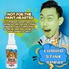 A bottle of Lubuid Stink Spray is shown next to a man with a surprised expression.