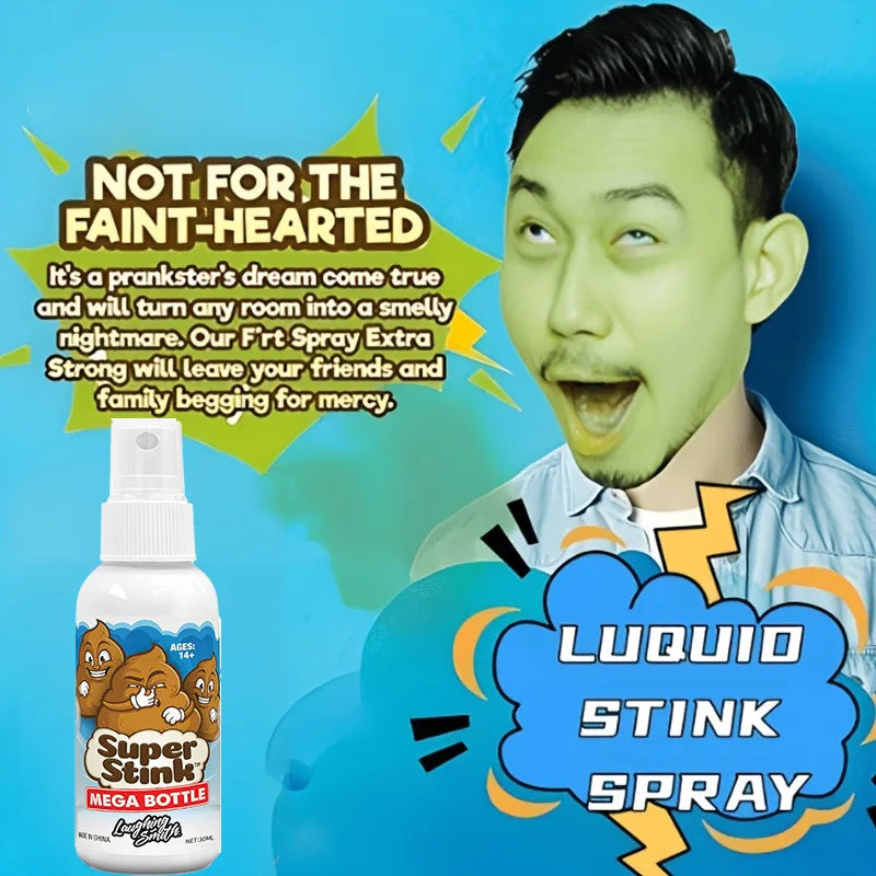 A bottle of Lubuid Stink Spray is shown next to a man making a funny face.