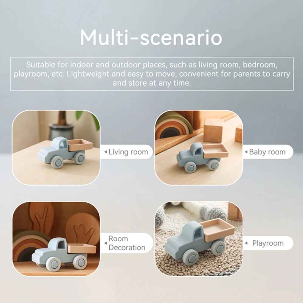 A multi-scenario set of light gray silicone toy cars used for indoor and outdoor play in various rooms like living room, bedr