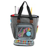 A gray canvas tote bag with organizer pockets and a clear window showing various knitting tools and supplies.