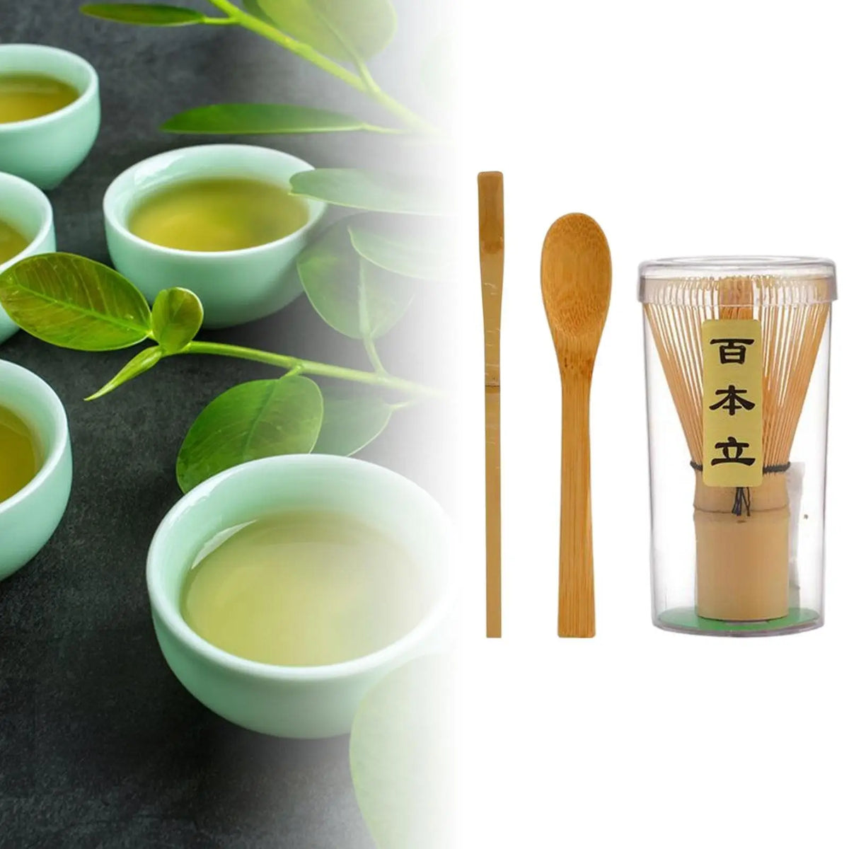 A set of traditional bamboo matcha whisks and a glass container for tea ceremony