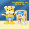 A cute dancing tiger toy with yellow fur and orange accents standing next to its packaging box.