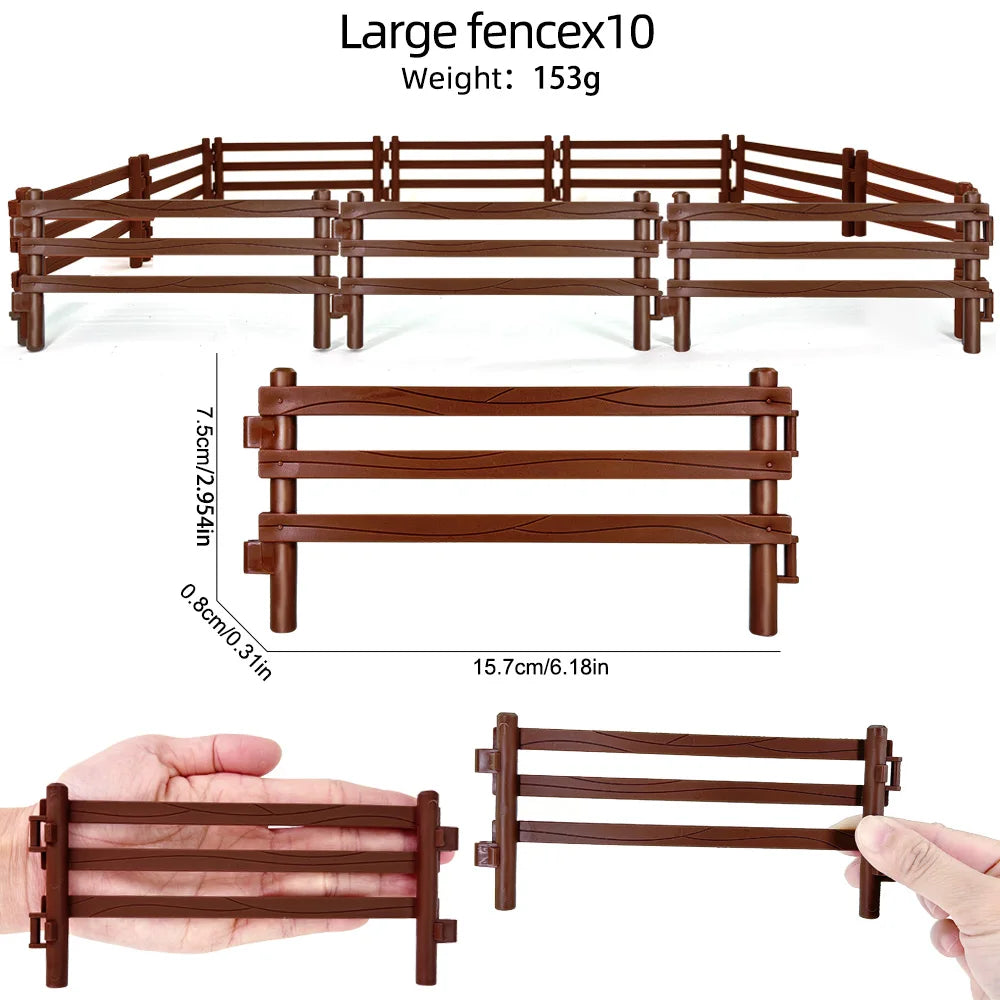 A set of brown wooden miniature farm fence pieces for building dioramas and sand tables.