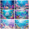 A collage of vibrant underwater scenes featuring castles, mermaids, coral, and colorful marine life.