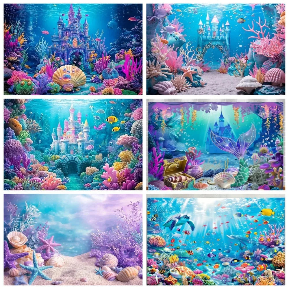 A collage of vibrant underwater scenes featuring castles, mermaids, coral, and colorful marine life.
