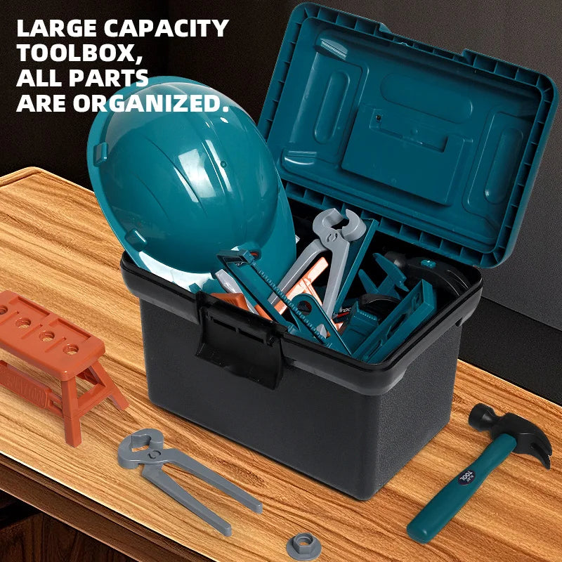 A teal toolbox is open, showing various tools and a helmet, with spare tools laid out on a wooden surface.