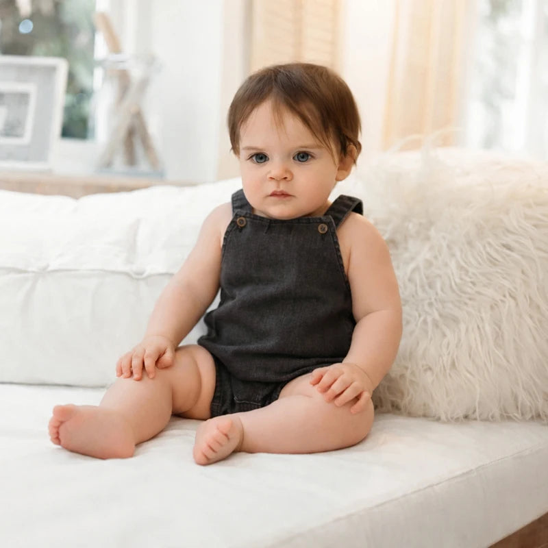 A baby wearing a dark gray denim romper sitting on a white couch.