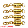 Three gold-colored magnetic clasps for jewelry making, showing different styles of metal connectors.