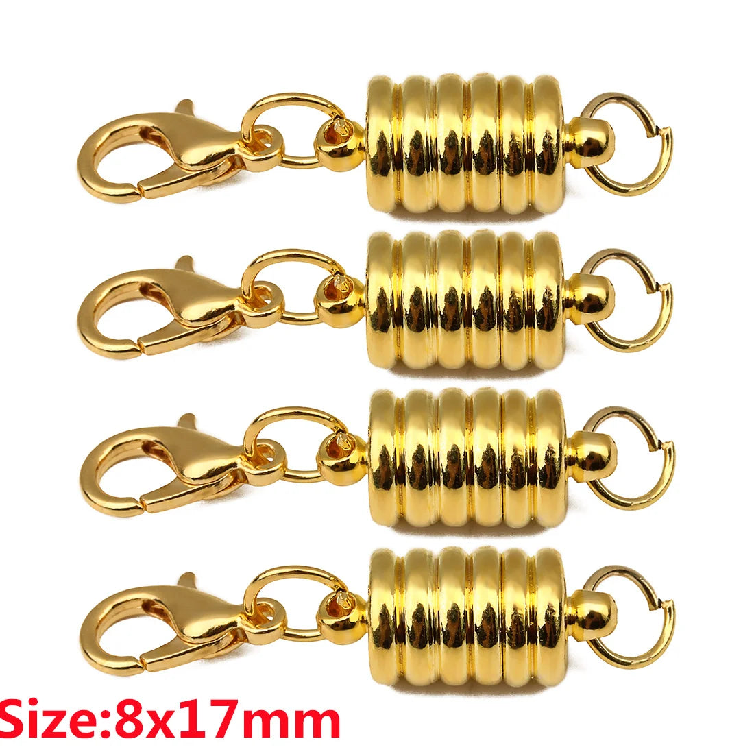 Three gold-colored magnetic clasps for jewelry making, showing different styles of metal connectors.