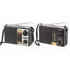 Black solar emergency radio with tuning controls and an LED flashlight