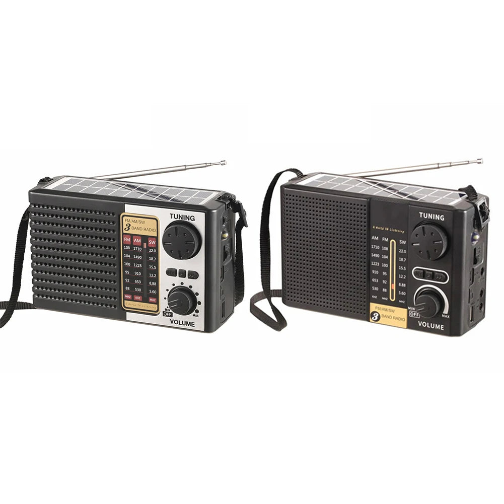 Black solar emergency radio with tuning controls and an LED flashlight