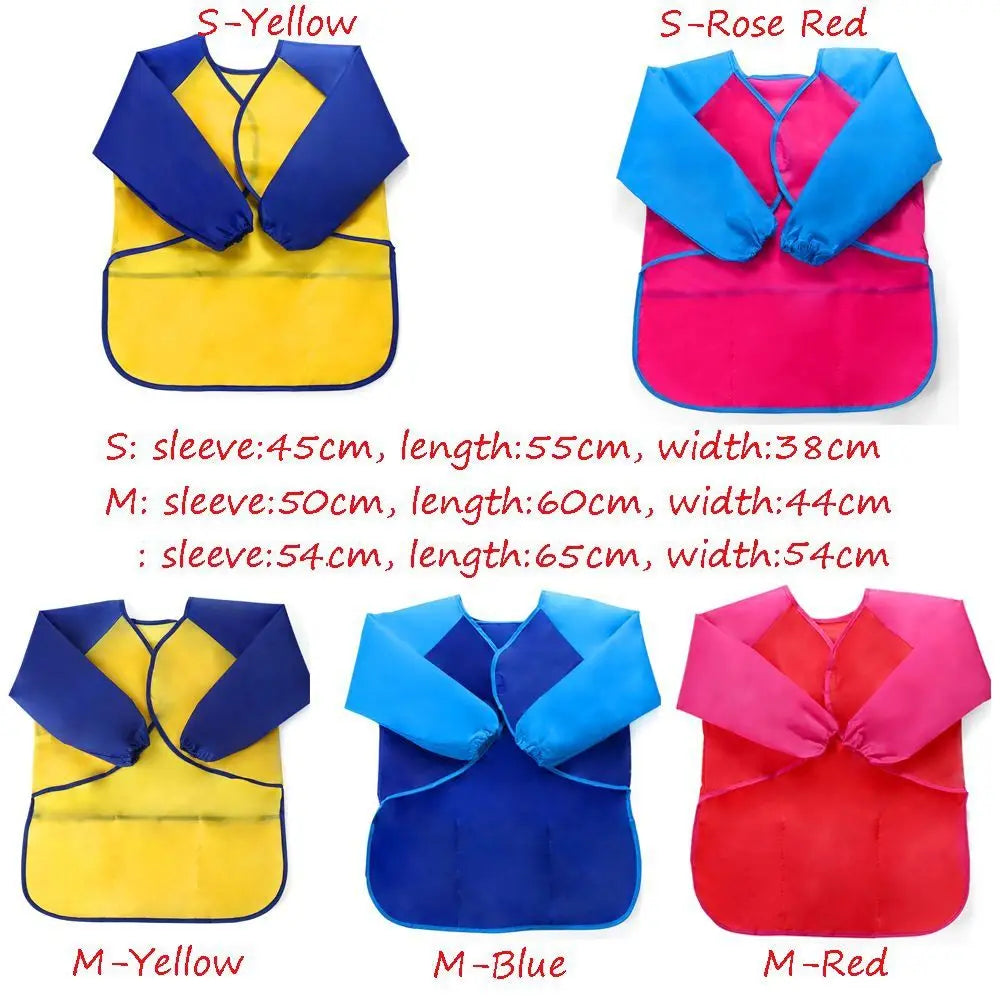 A set of waterproof kids art and baking aprons in yellow, red, and blue colors with long sleeves.
