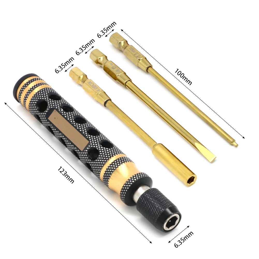 A set of precision hex screwdrivers for RC vehicles, featuring various sizes and lengths.