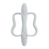 A white BPA-free silicone teether with an easy-grip handle for babies.