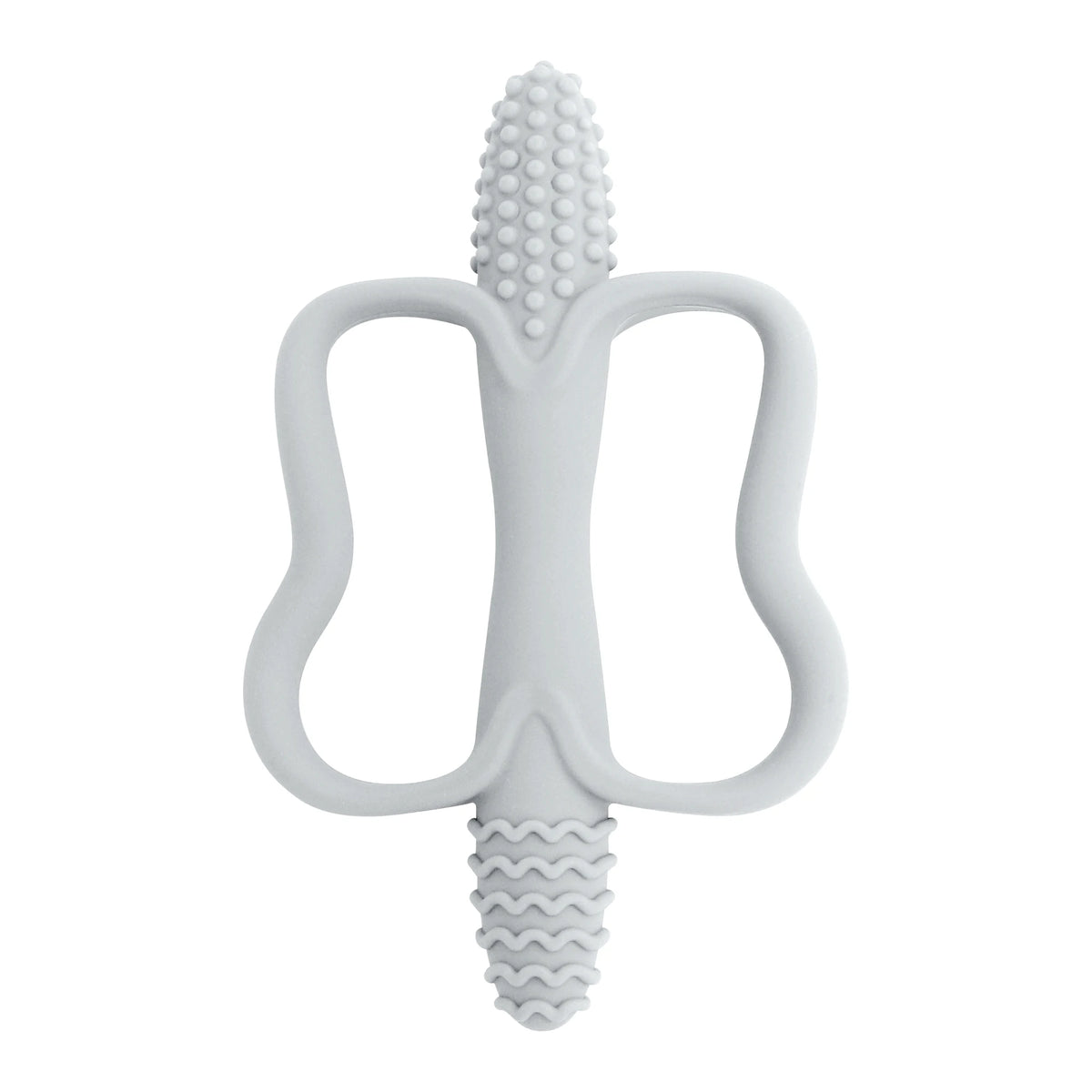 A white BPA-free silicone teether with an easy-grip handle for babies.