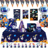 Outer space astronaut party décor set featuring tableware, balloons, and themed items for a celebration.