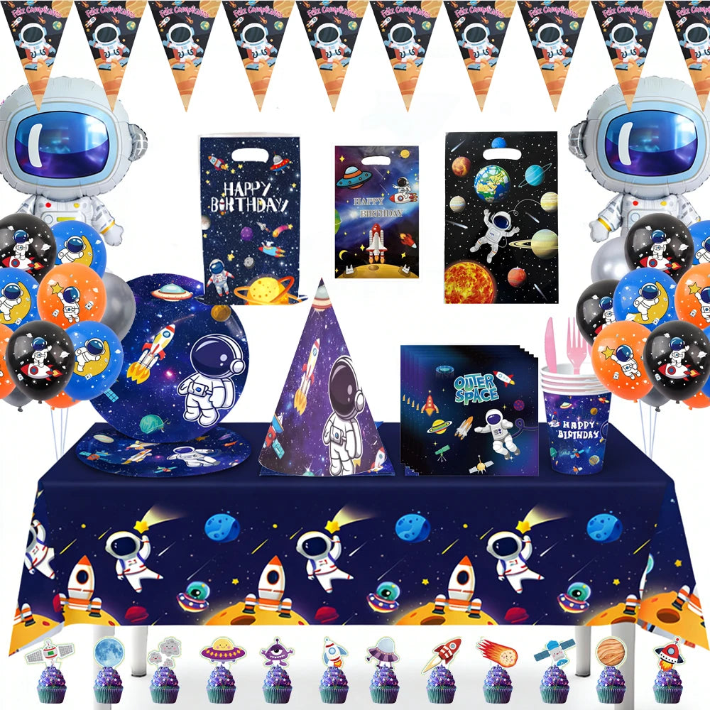 Outer space astronaut party décor set featuring tableware, balloons, and themed items for a celebration.