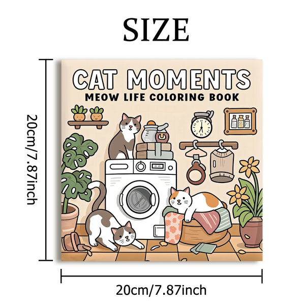 A coloring book featuring various cat moments and illustrations for adult coloring.