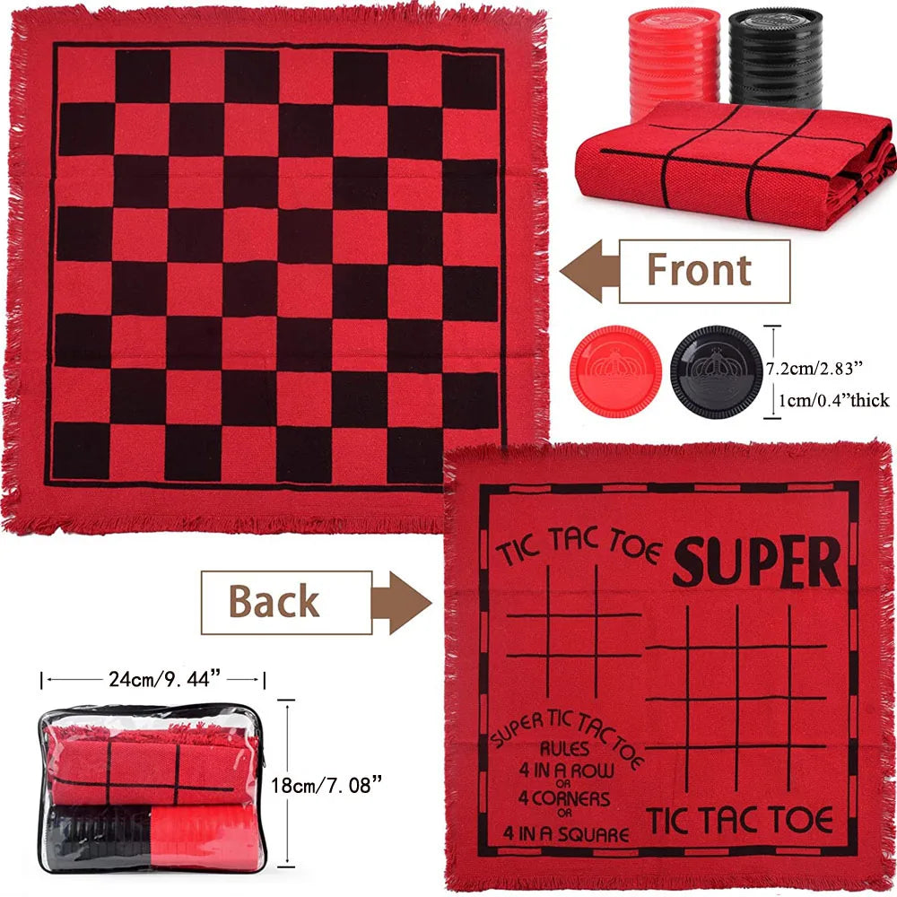 A red rug featuring a checkerboard pattern and Tic Tac Toe grid, with separate pieces shown.