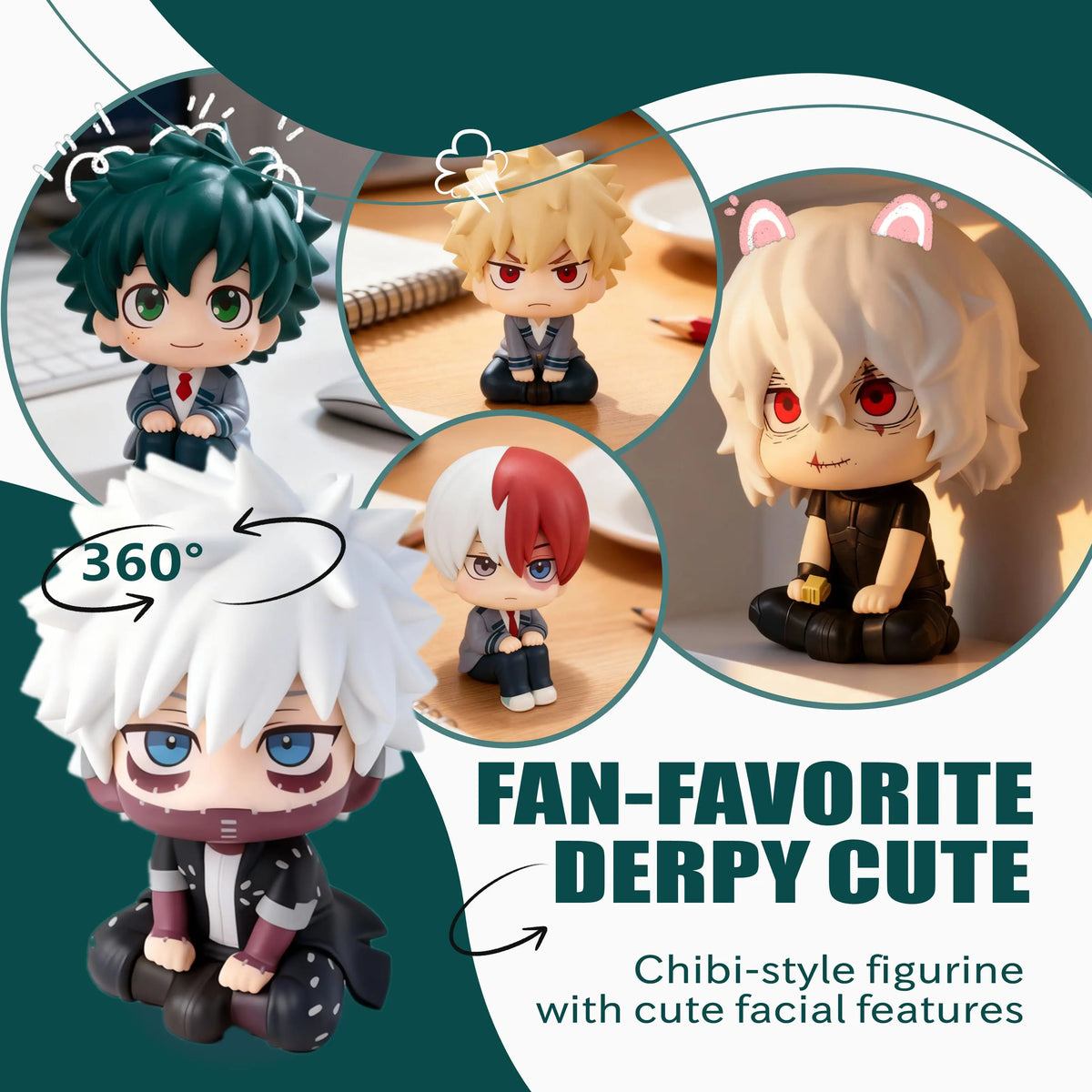 A collection of chibi-style PVC figures featuring characters from My Hero Academia including Tomura Shigaraki, Izuku Midoriya