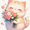 A cute, fluffy orange and white cat is holding a bouquet of pink and white flowers.