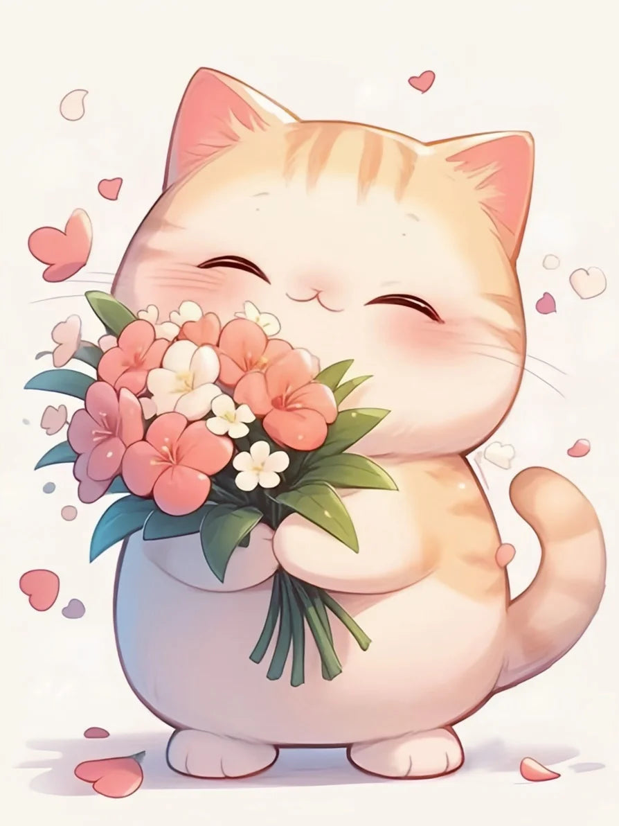 A cute, fluffy orange and white cat is holding a bouquet of pink and white flowers.