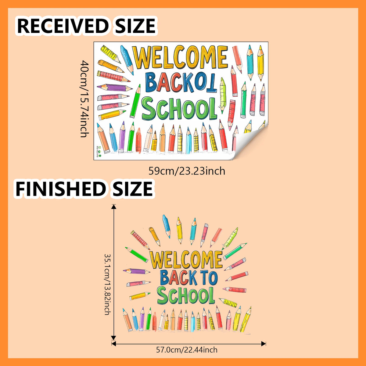 A comparison showing the received and finished size of a colorful welcome back to school wall sticker set for classroom decor