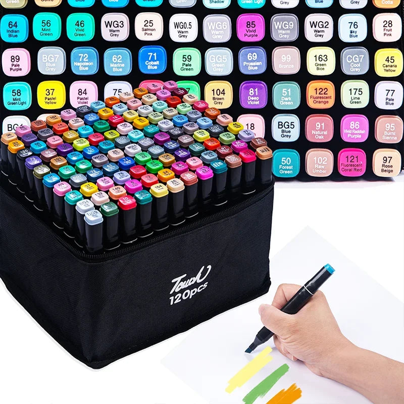 A collection of 120 alcohol markers in various colors and tips displayed in a black pouch.