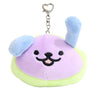 A purple and light green plush pendant doll with blue ears and a silver chain.