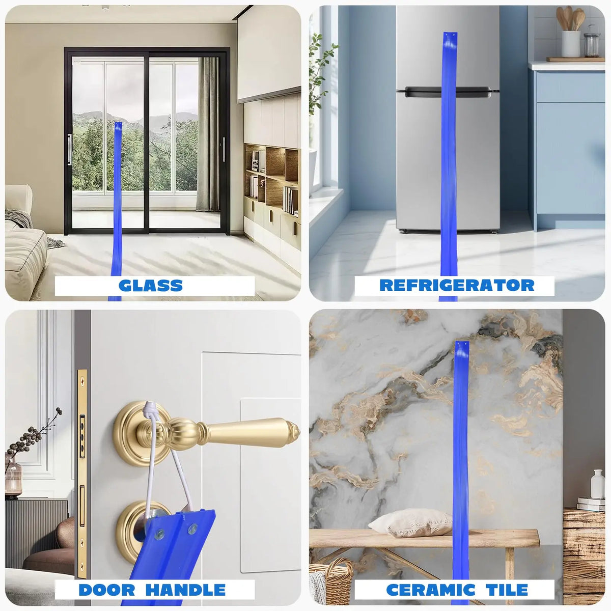 A flexible 4.5M blue car race track with suction cups shown in various contexts like a refrigerator, door handle, and ceramic