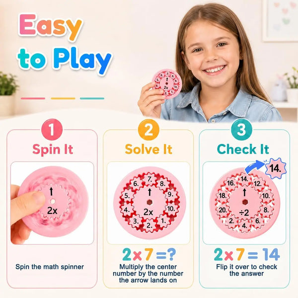 A set of pink fidget spinners used for a math game where users spin the number and solve multiplication problems.