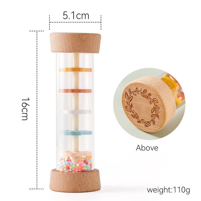 Maracas en bois éducative avec anneaux et perles colorées, 16cm de haut et 110g.