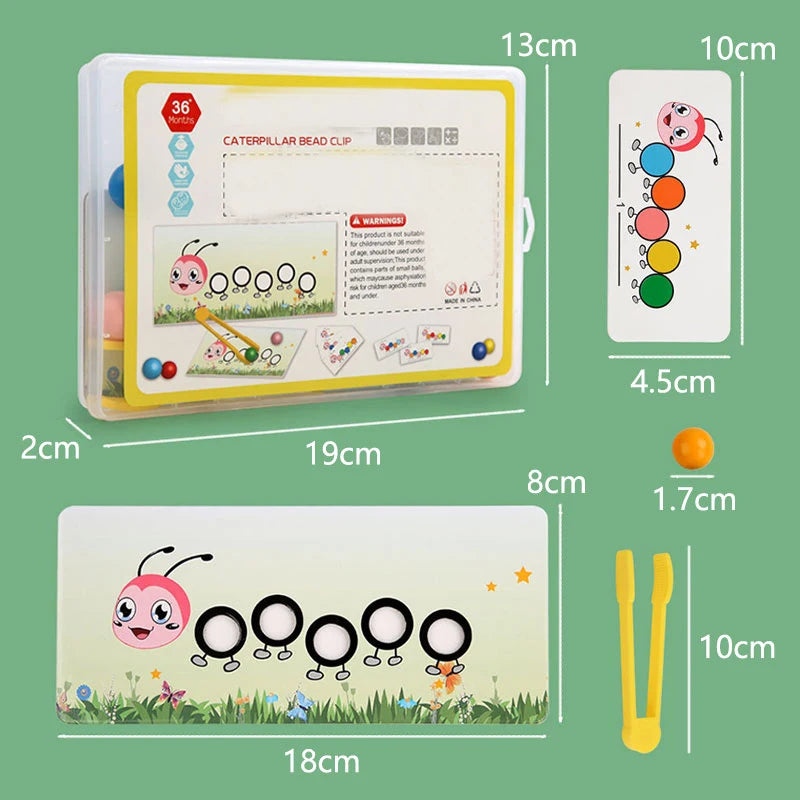 A set of wooden caterpillar bead clips and a corresponding game board for fine motor skills development.