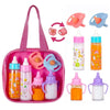 A pink feeding bottle set includes various sized bottles and a toy pacifier for dolls.