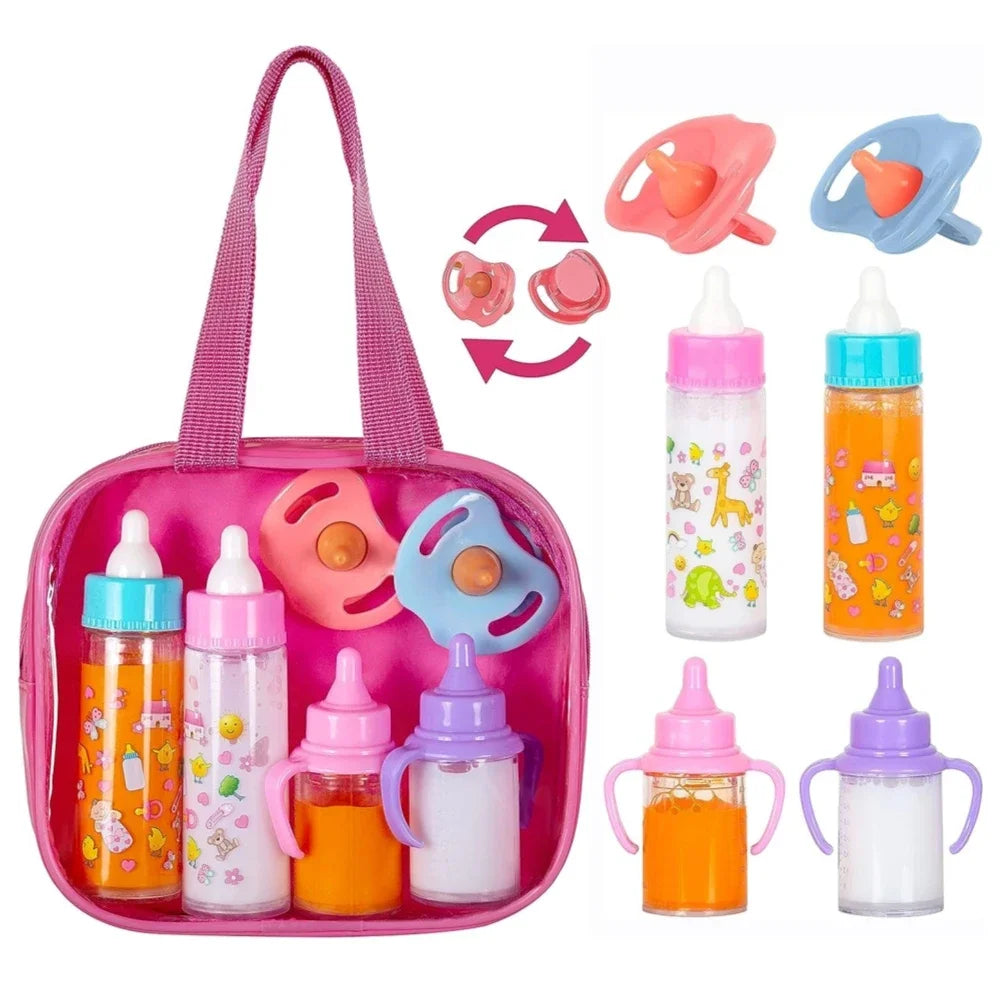 A pink feeding bottle set includes various sized bottles and a toy pacifier for dolls.