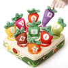 A hand is pulling a soft, colorful carrot pull toy with numbered sections for sensory learning.