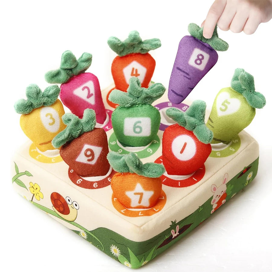 A hand is pulling a soft, colorful carrot pull toy with numbered sections for sensory learning.