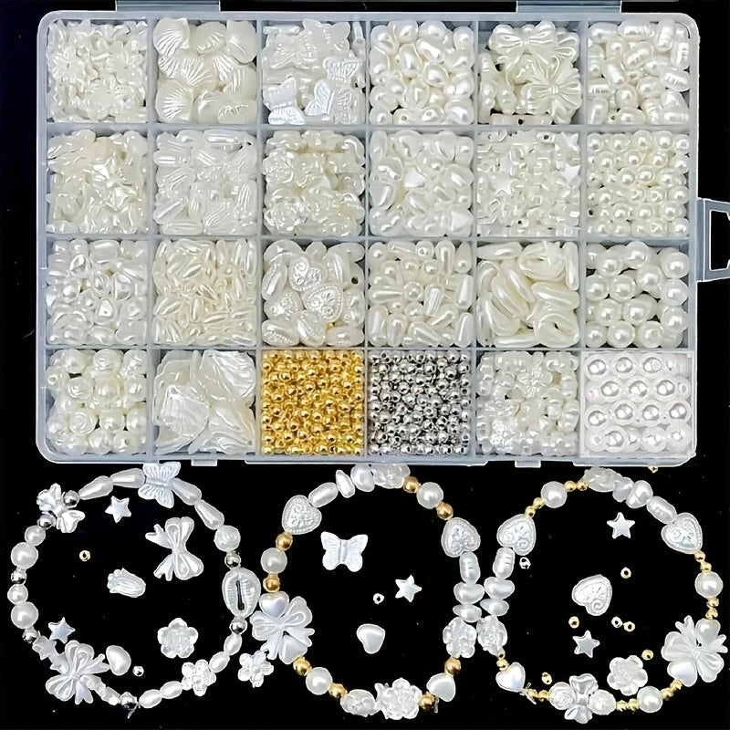 A display of pearl beading kit components including assorted beads and accessories.